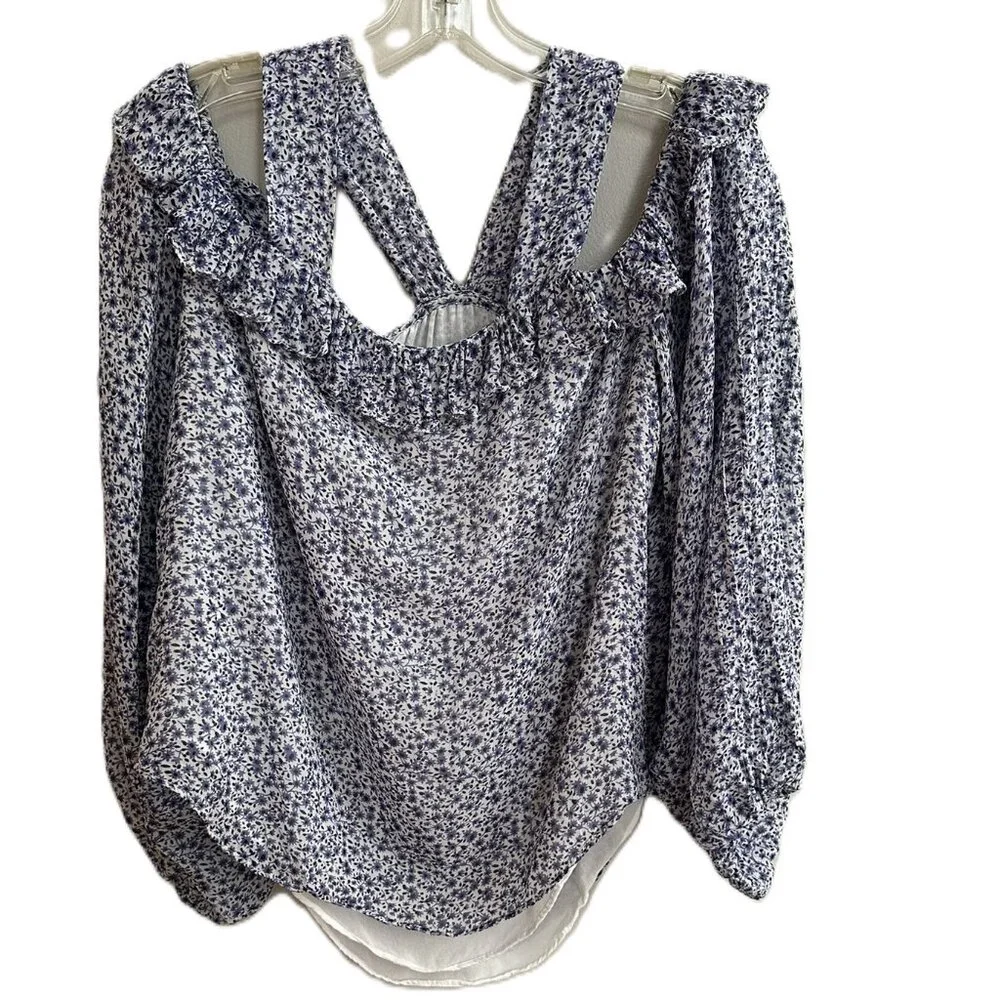 Anthropologie Caia blue and white blouse size 6 puff sleeve open shoulder